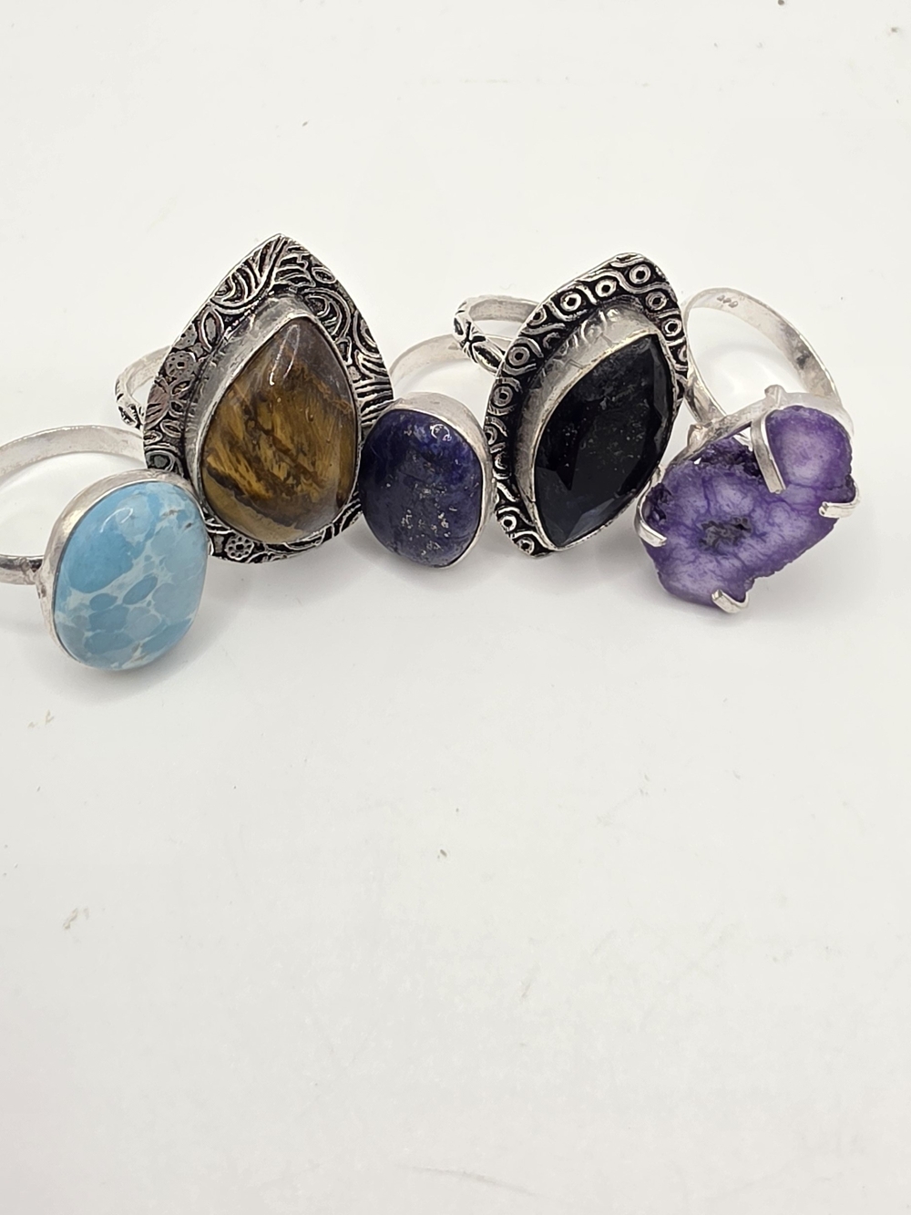 Silver Plated Multi-Stone Rings - Blue, Tiger's Eye, Purple, Black, Turquoise